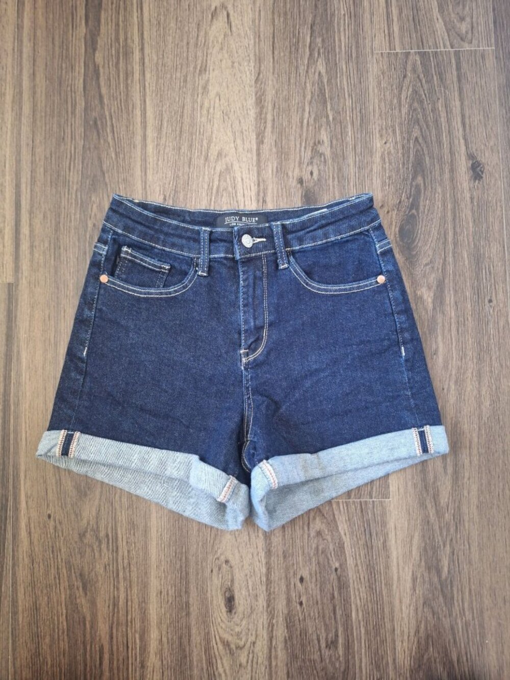 💙 Judy Blue High Rise Cuffed Denim Shorts Waist 27/28 Dark Wash Stretch Jean Sh